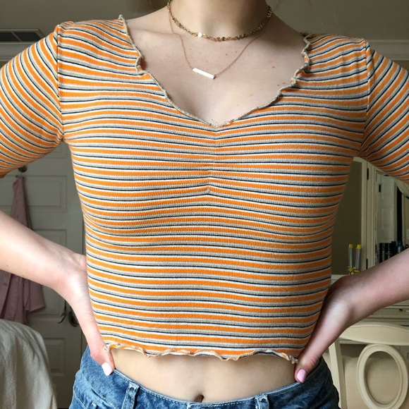 Orange Striped Lettuce Edge Topshop Crop Top - Picture 2 of 5